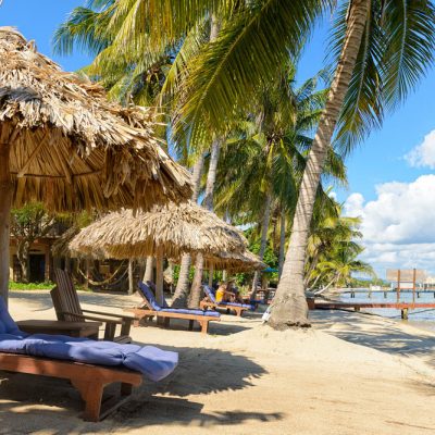 Three palm umbrellas on beach