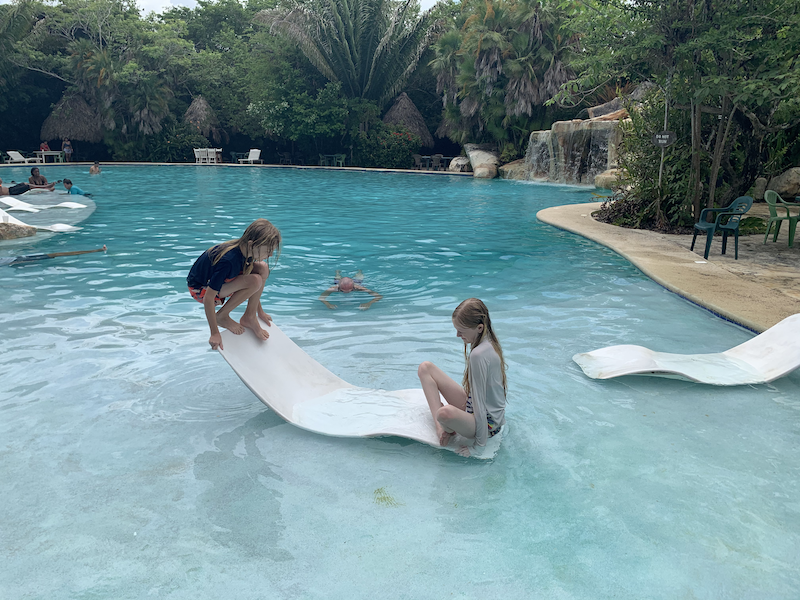 Kids play on water chair