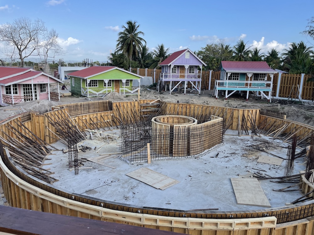Wooden forms are built for the pool's center island