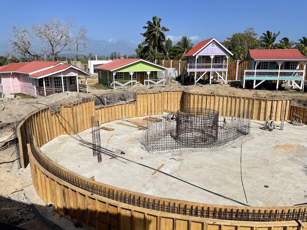 The pool construction continues with rebar for the center bridge