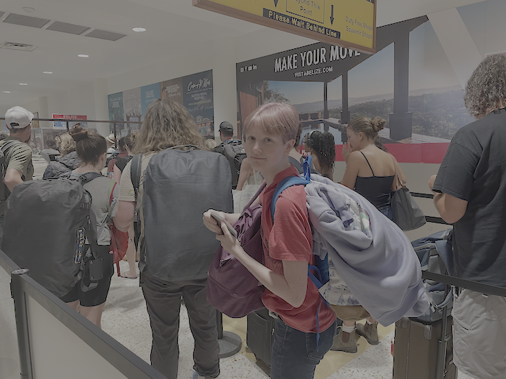 Fay in line at airport